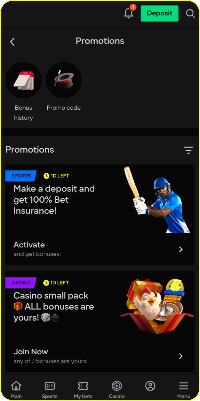 Check available bonuses in the Parimatch app and boost your balance.