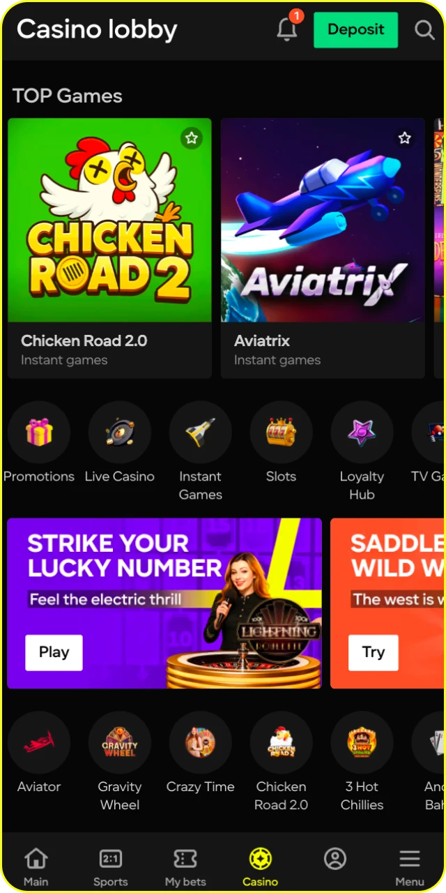Open the casino section in the Parimatch app and explore popular games.