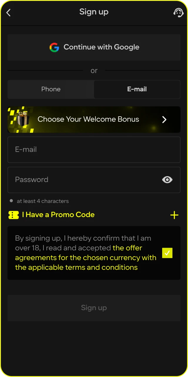 Use the registration form in the Parimatch app to create your account.