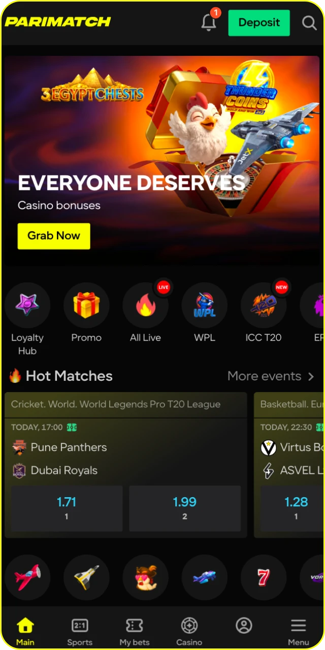 Navigate the main page of the Parimatch app to find top events.