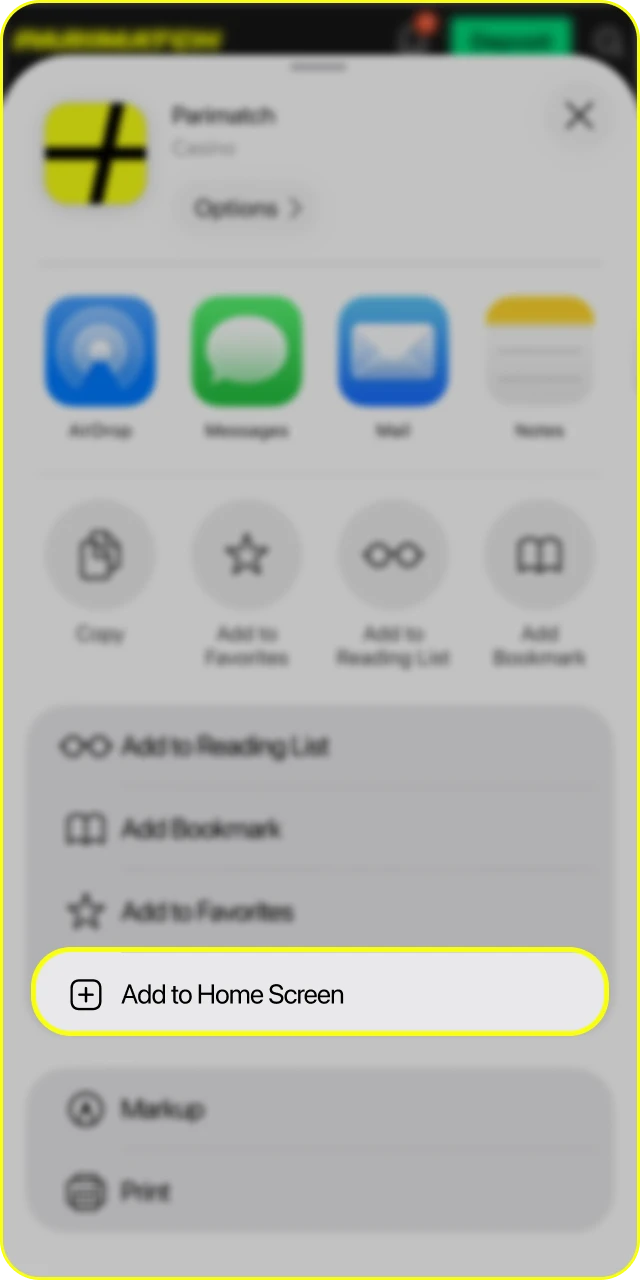 Select the option to add the Parimatch app to your home screen.