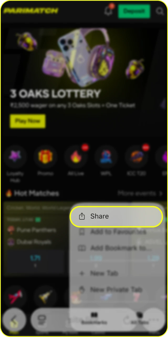 Tap the share menu in Safari to configure the Parimatch app.