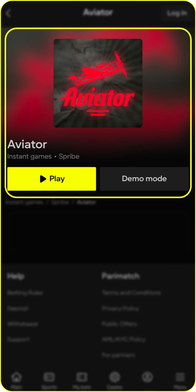 Find the instant games section to locate Aviator at Parimatch.