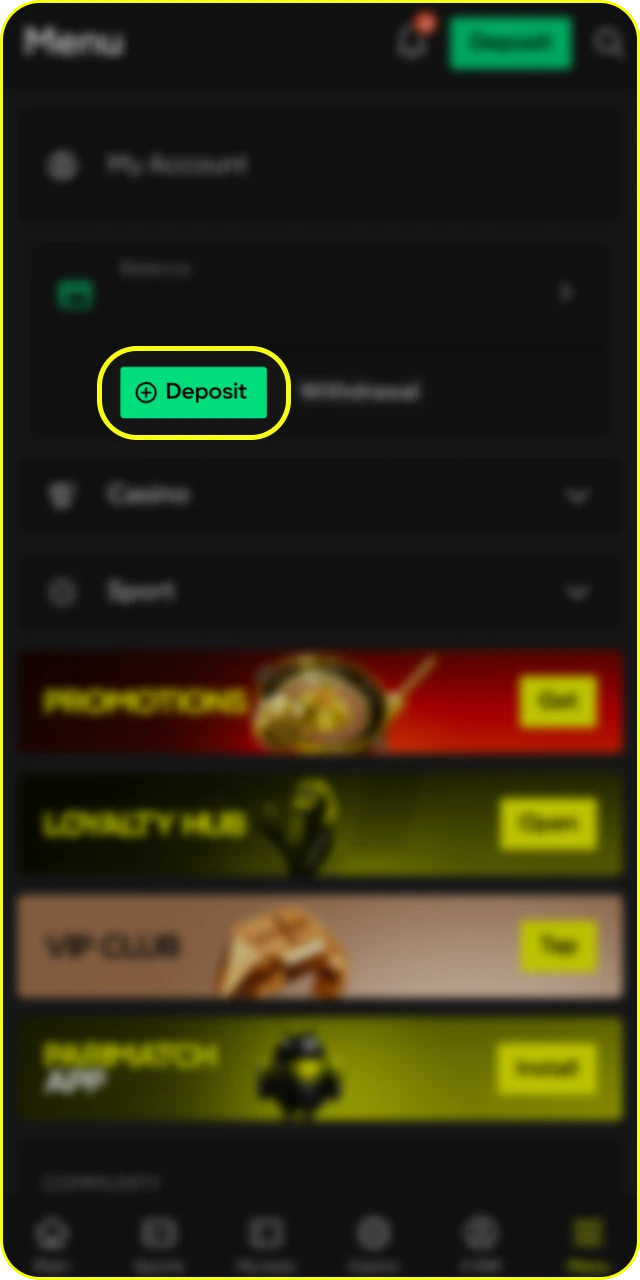 Go to the finance section of the official Parimatch deposit page.
