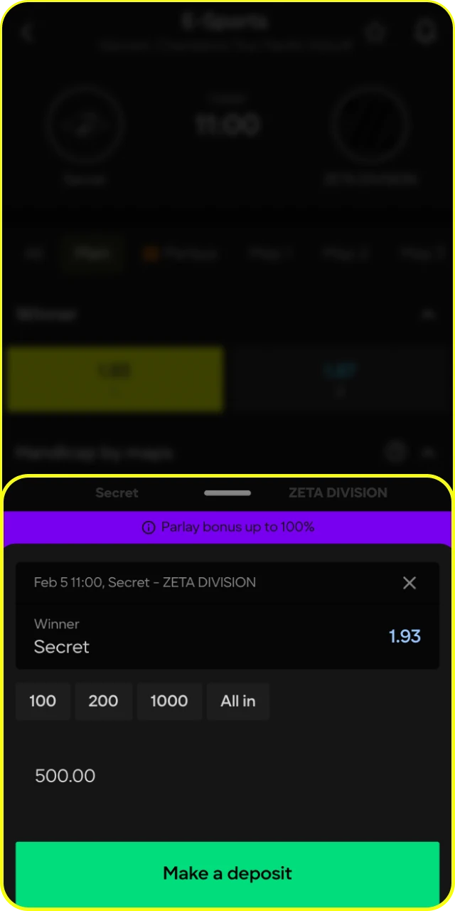 Confirm your bet on the slip to join Parimatch Esports action.