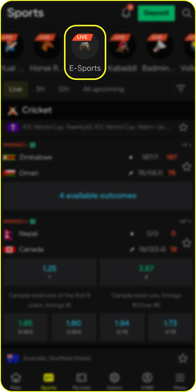 Find the Esports section in the main menu of Parimatch.