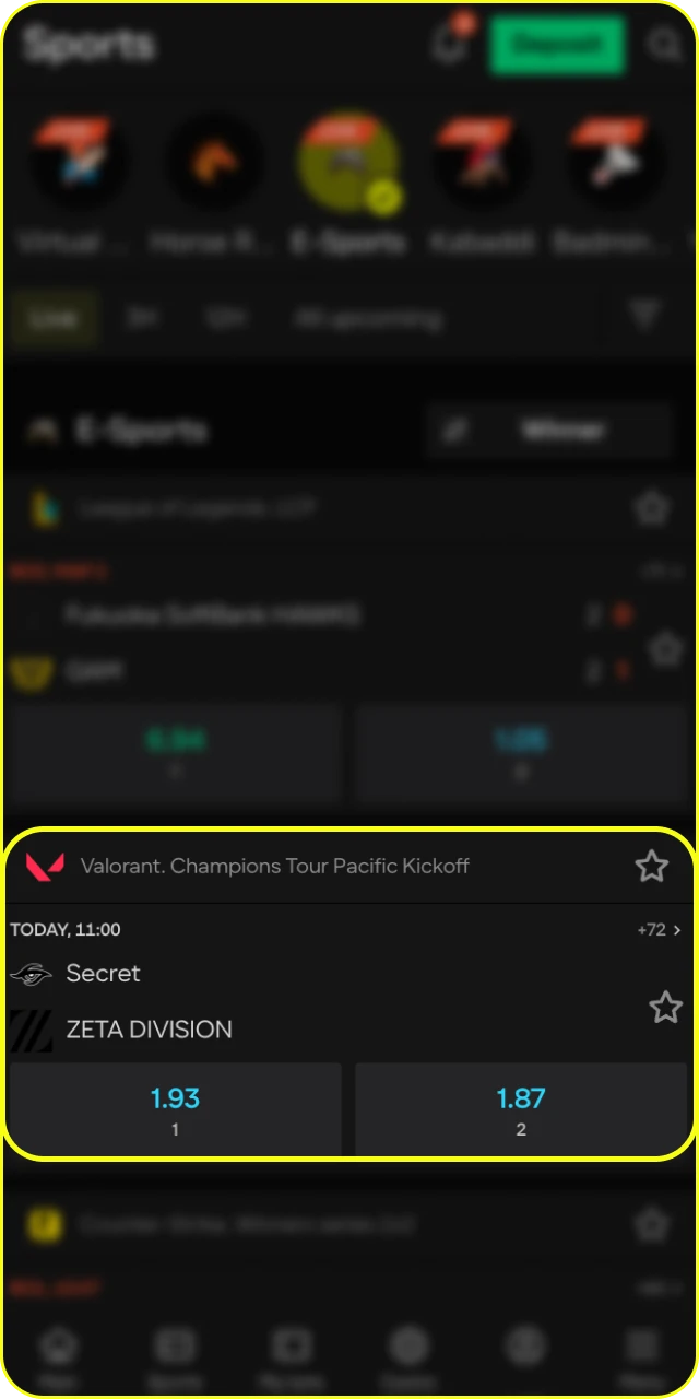 Pick a match and market to start winning with Parimatch Esports.
