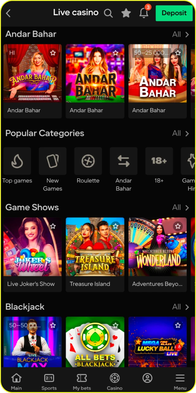 Choose your game from the extensive Parimatch live casino library.