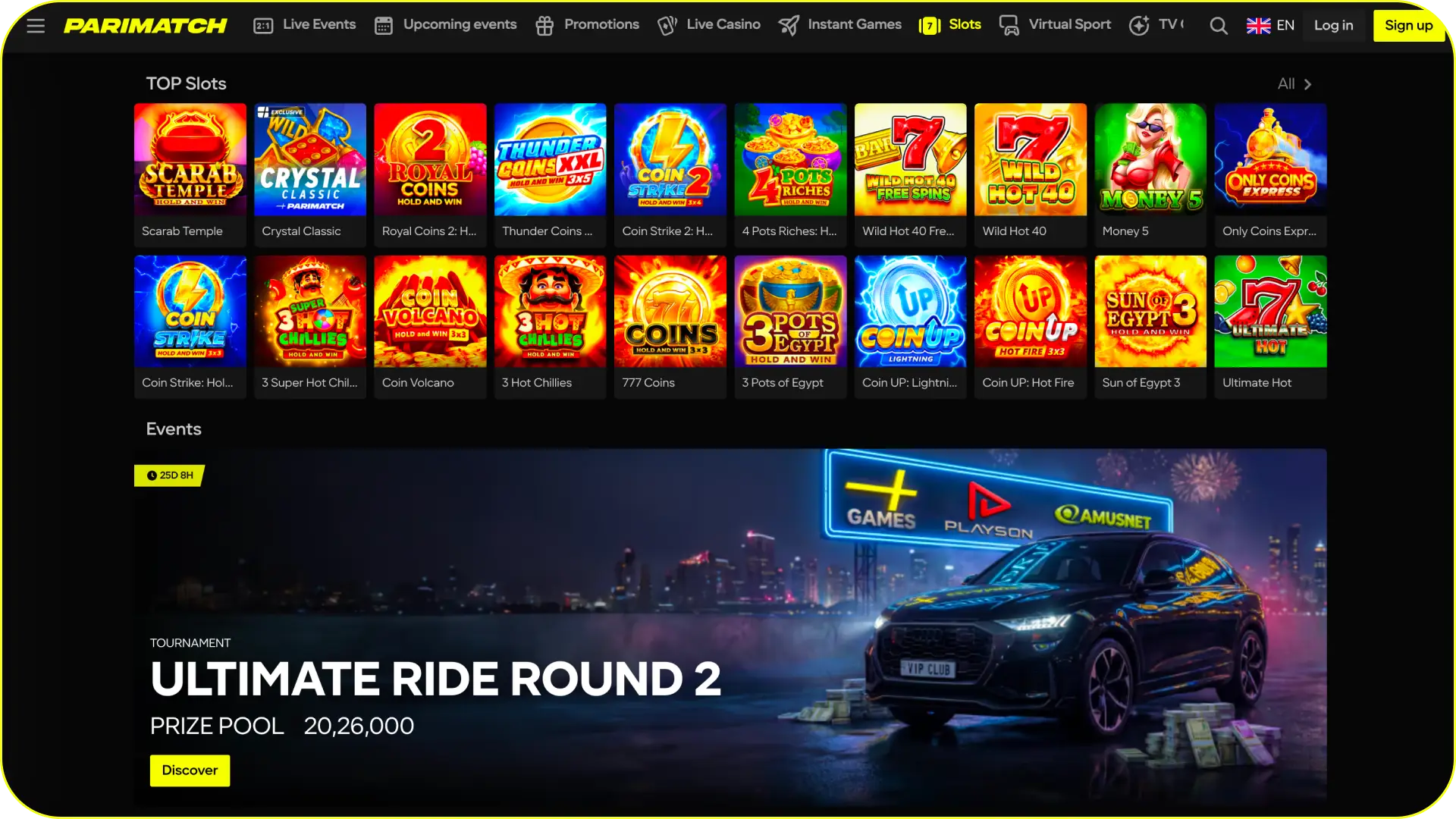 Open the casino section on the Parimatch website and play for real money.