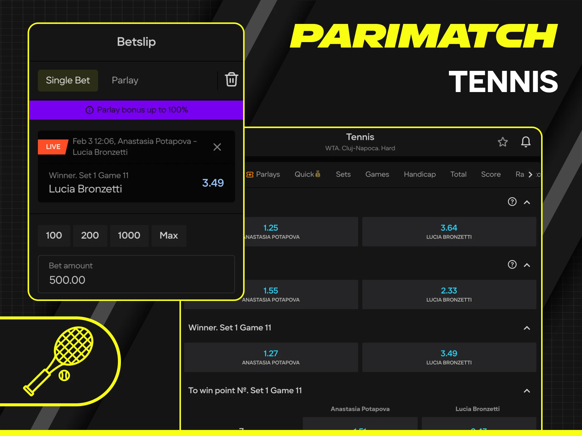 Start tennis betting at Parimatch and win on every set and match.