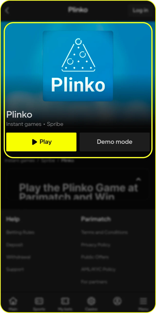 Find the game in the casino library to launch Plinko at Parimatch.
