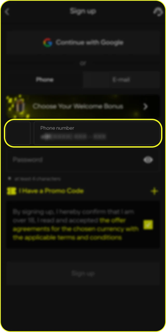 Enter your phone number to link it with your Parimatch registration.
