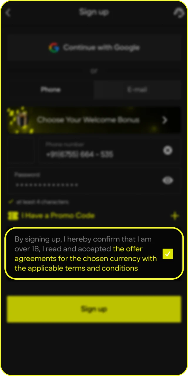 Accept the terms and conditions to finalize your Parimatch registration process.