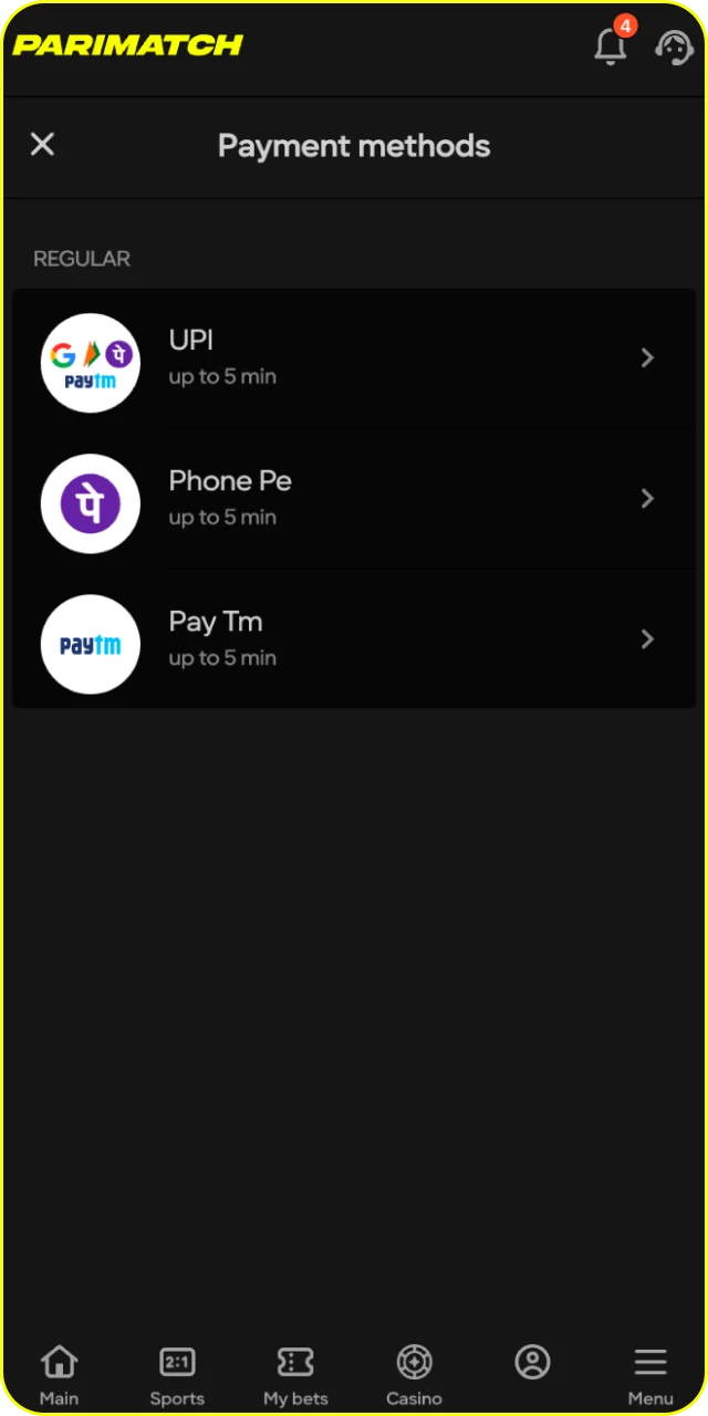 Add your funds to your balance and prepare for Parimatch slots.