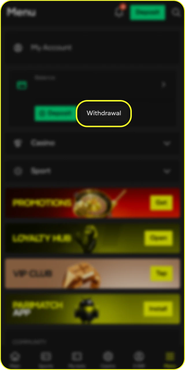Open the finances section on the official Parimatch withdrawal page.